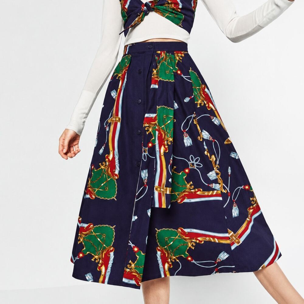Zara Navy Nautical Cotton Button Front Midi Skirt Size S - Picture 1 of 5